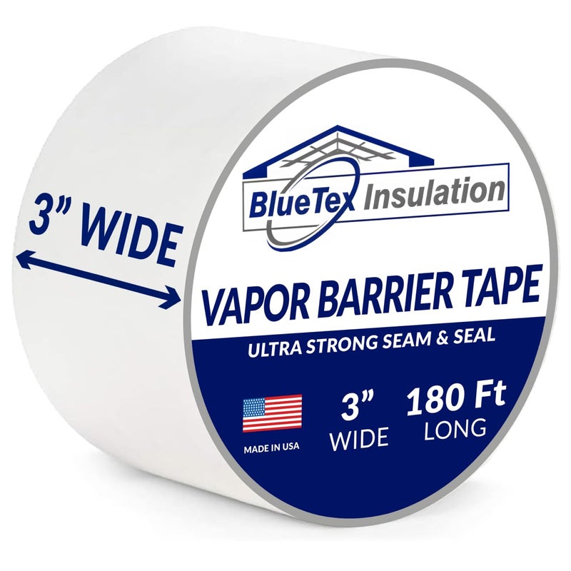 BlueTex Insulationㅤ 3" Wide x 180' Long White Vapor Barrier Seam Tape - 1 Roll, Waterproofing & Great for Crawlspaces, Insulation Repairs, Underlayment Seams, Metal Building Insulation Seams - Image 1